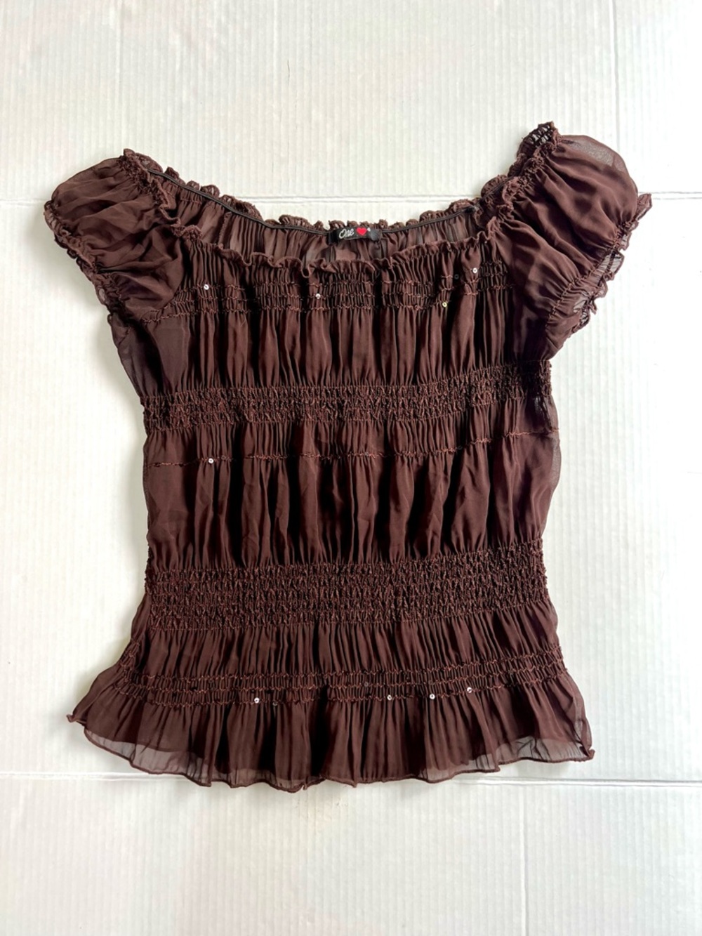 Y2K One Love Sequin Puff Sleeve Square Neck Blouse Brown Women’s M Fairycore
